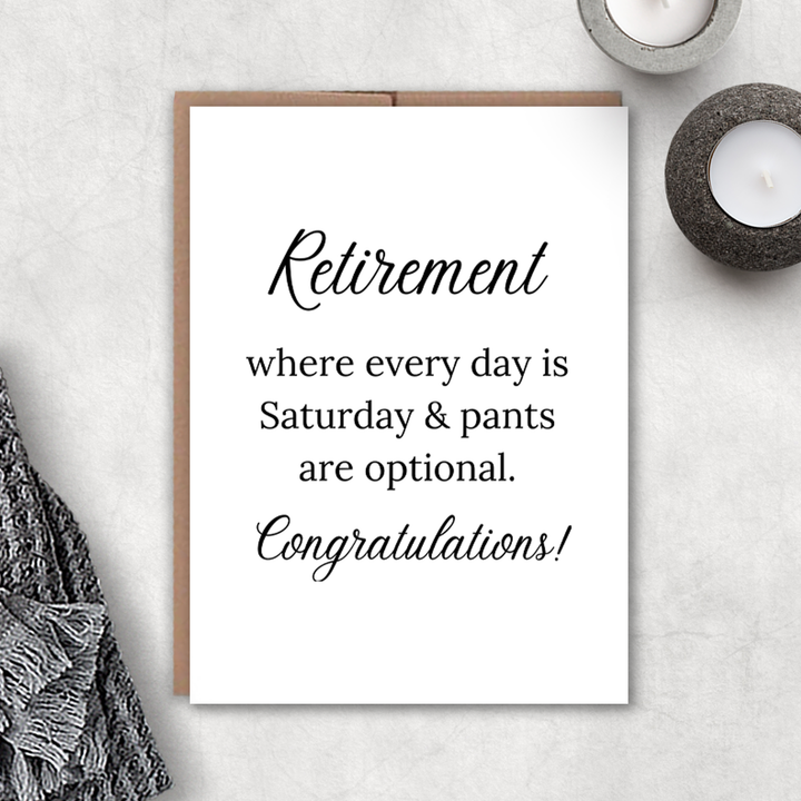 Classic retirement congratulations card front view
Professional retirement card with light humor
Blank inside retirement greeting card with kraft envelope