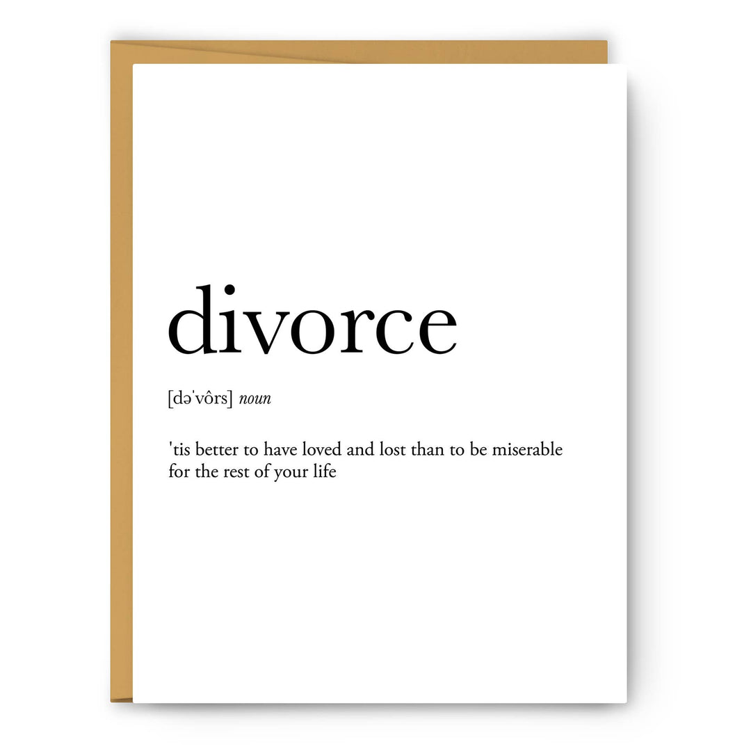 Footnotes Divorce Definition Love & Friendship Card front view
Witty divorce support greeting card
Blank inside card with kraft envelope