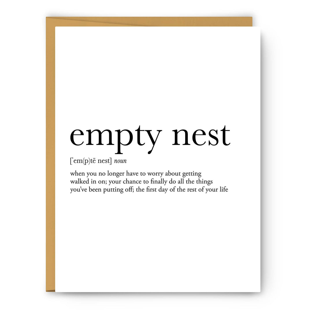 Footnotes Empty Nest Definition Everyday Card front view
Humorous empty nest support greeting card
Blank inside everyday card with kraft envelope