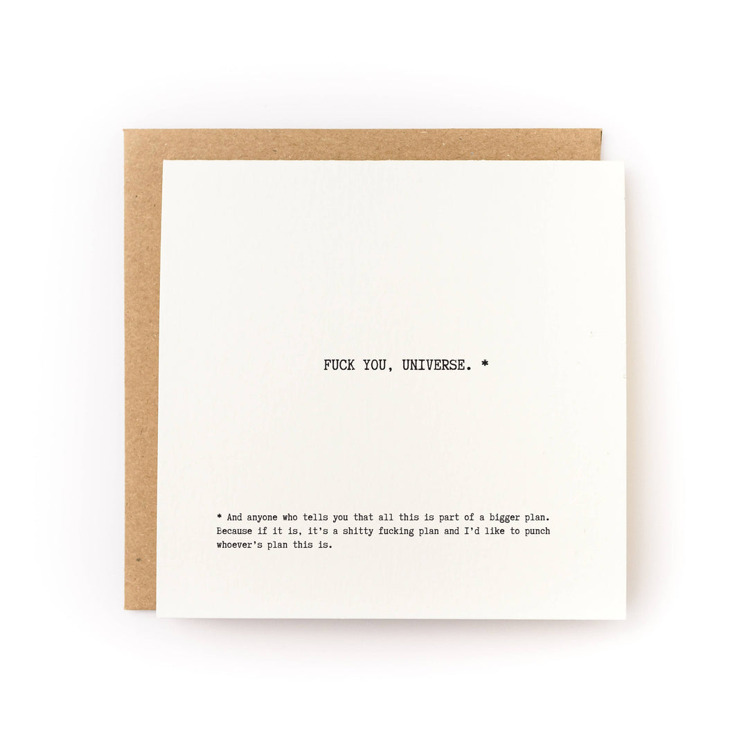 “Fuck You Universe” Sympathy Card front view
Honest sympathy greeting card with profanity
Blank inside condolence card with kraft envelope