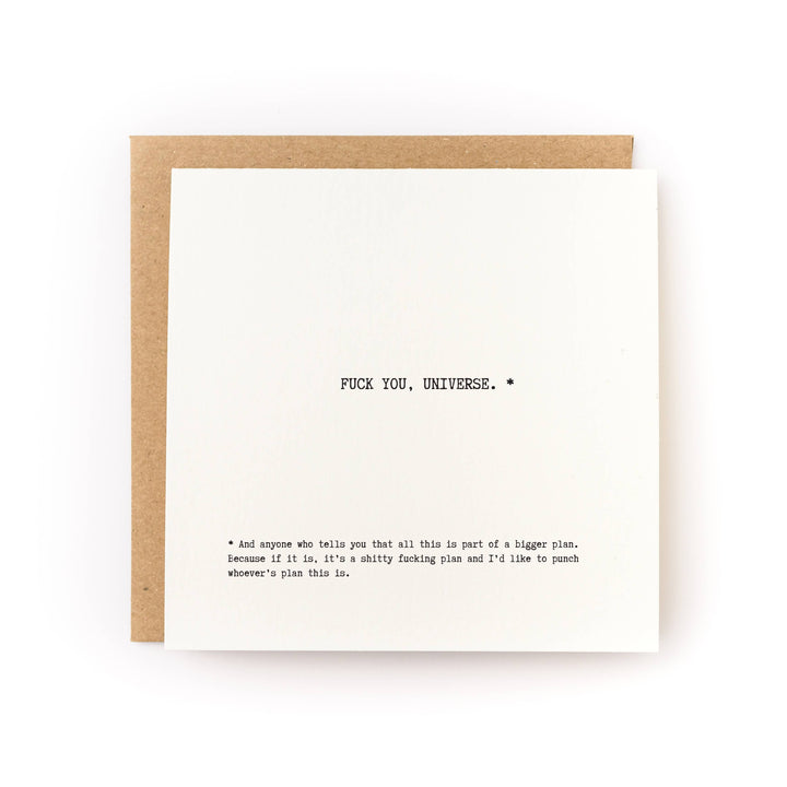 “Fuck You Universe” Sympathy Card front view
Honest sympathy greeting card with profanity
Blank inside condolence card with kraft envelope