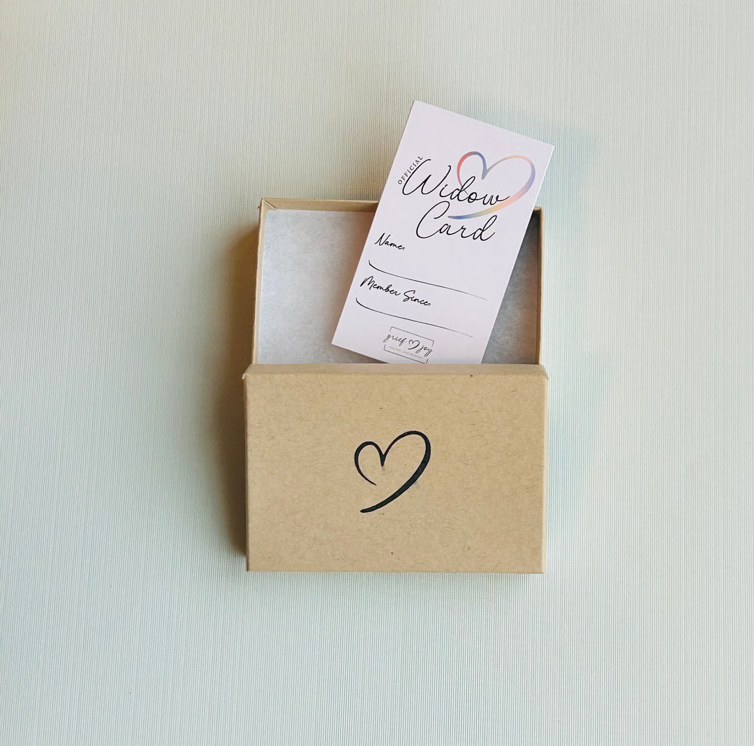 Grief & Joy Official Widow Card coming out of gift box