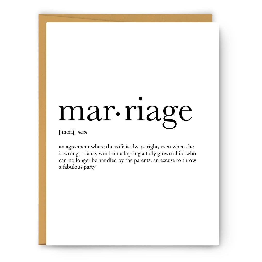 Marriage Definition Wedding Anniversary Card front view
Humorous wedding anniversary card with marriage definition
Blank inside anniversary card with kraft envelope
