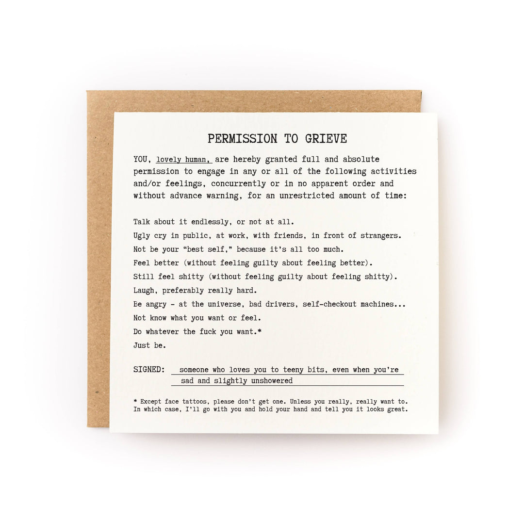 Permission to Grieve Sympathy Card front view
Sympathy greeting card with comforting message
Blank inside condolence card with kraft envelope