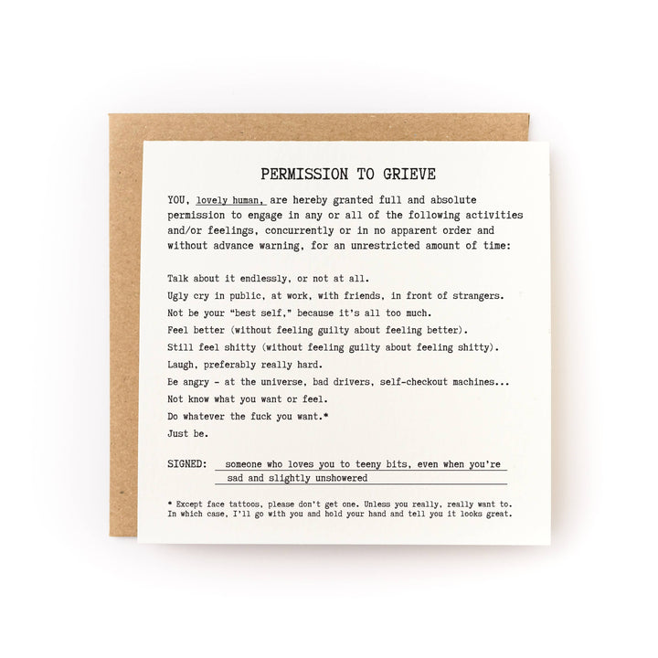 Permission to Grieve Sympathy Card front view
Sympathy greeting card with comforting message
Blank inside condolence card with kraft envelope
