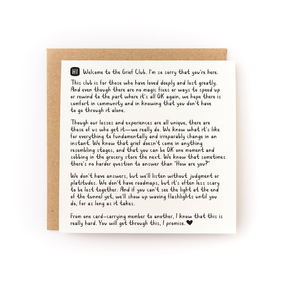 Welcome to the Grief Club Sympathy Card front view
Honest sympathy greeting card for grief support
Blank inside condolence card with kraft envelope